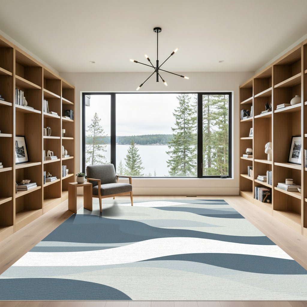 Cool Blue Landscape Flowing Waves Rug