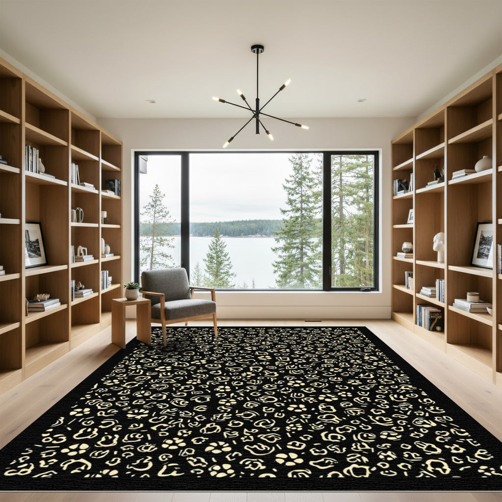 Black and Cream Abstract Floral Arrangement Rug