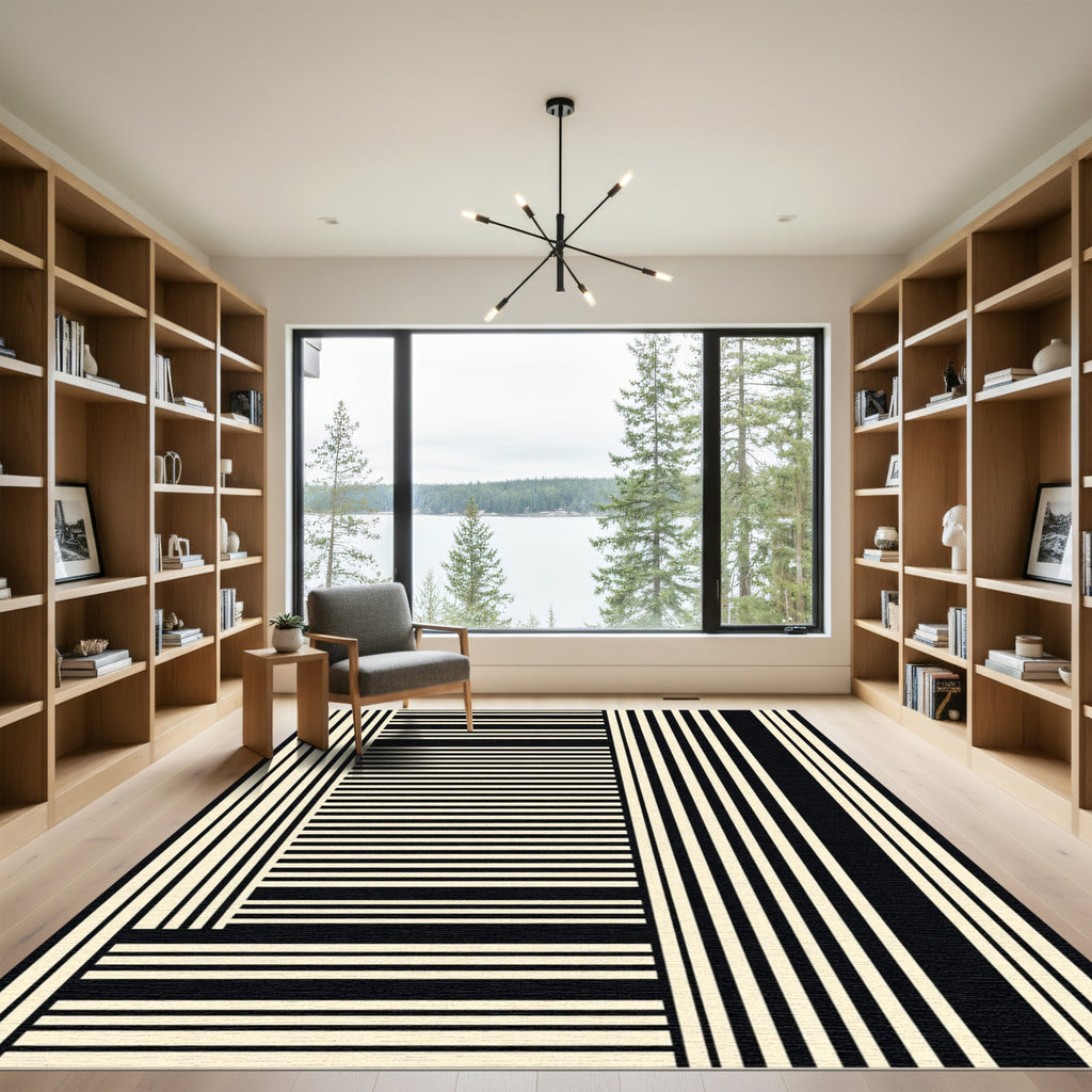 Modern Black Cream Striped Composition Rug