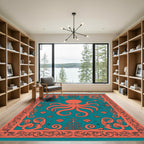 Coral Octopus Teal Coastal Frame Rug