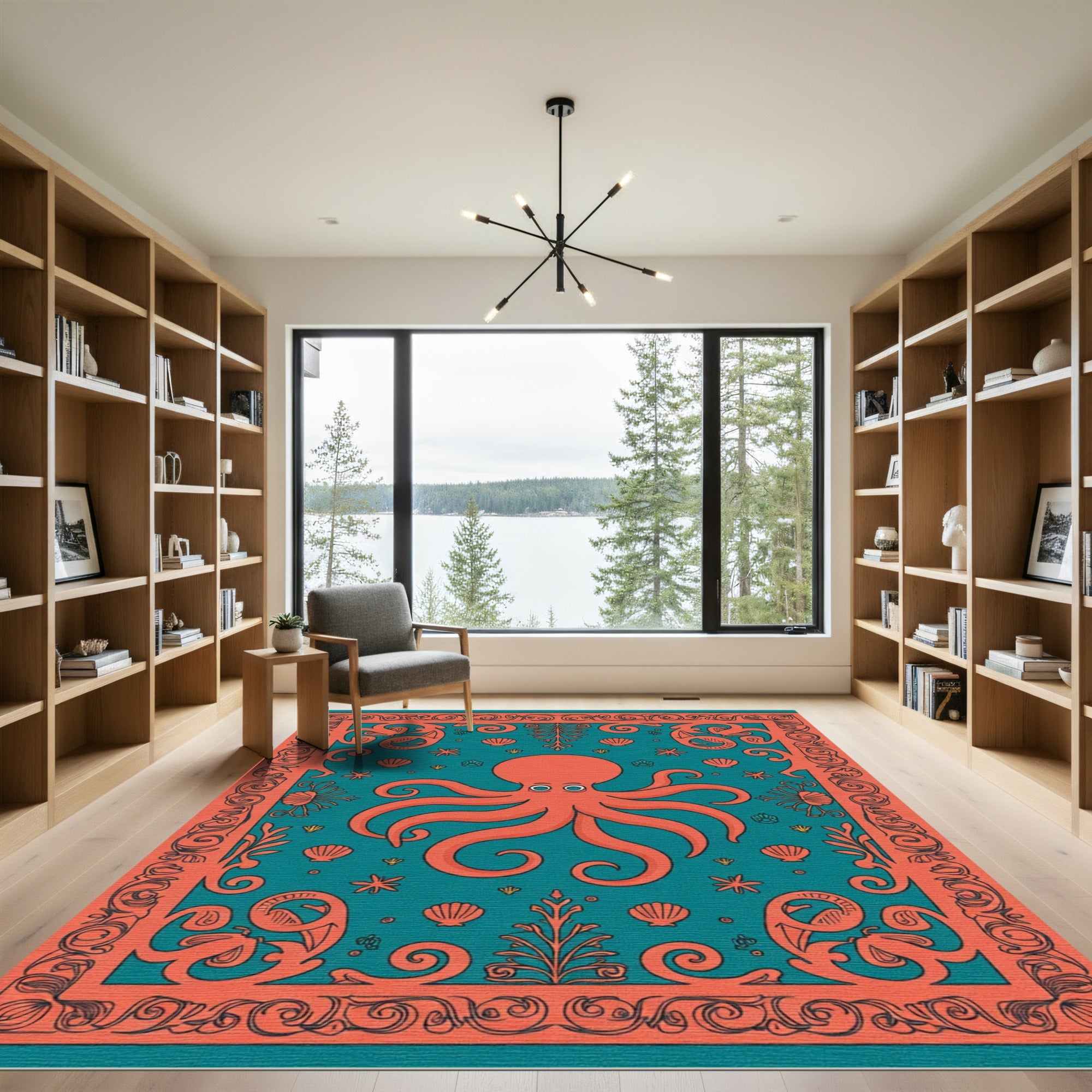 Coral Octopus Teal Coastal Frame Rug