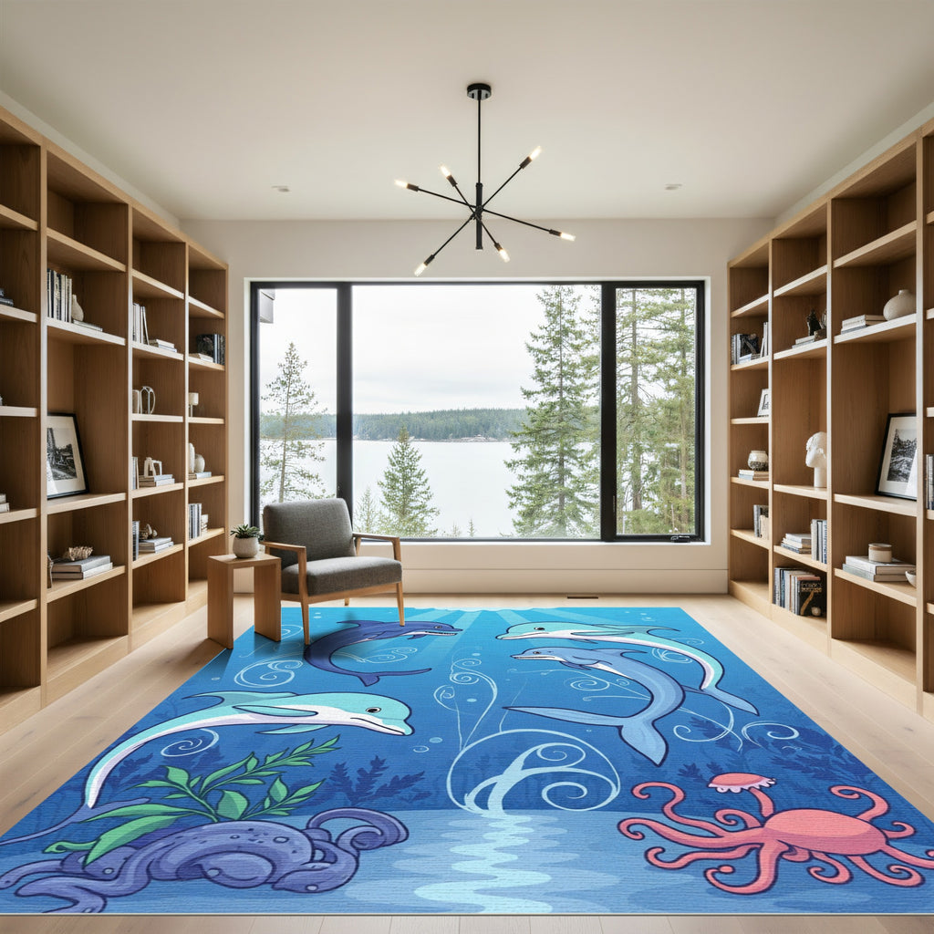 Oceanic Dolphins Swirling Decorative Swirls Rug