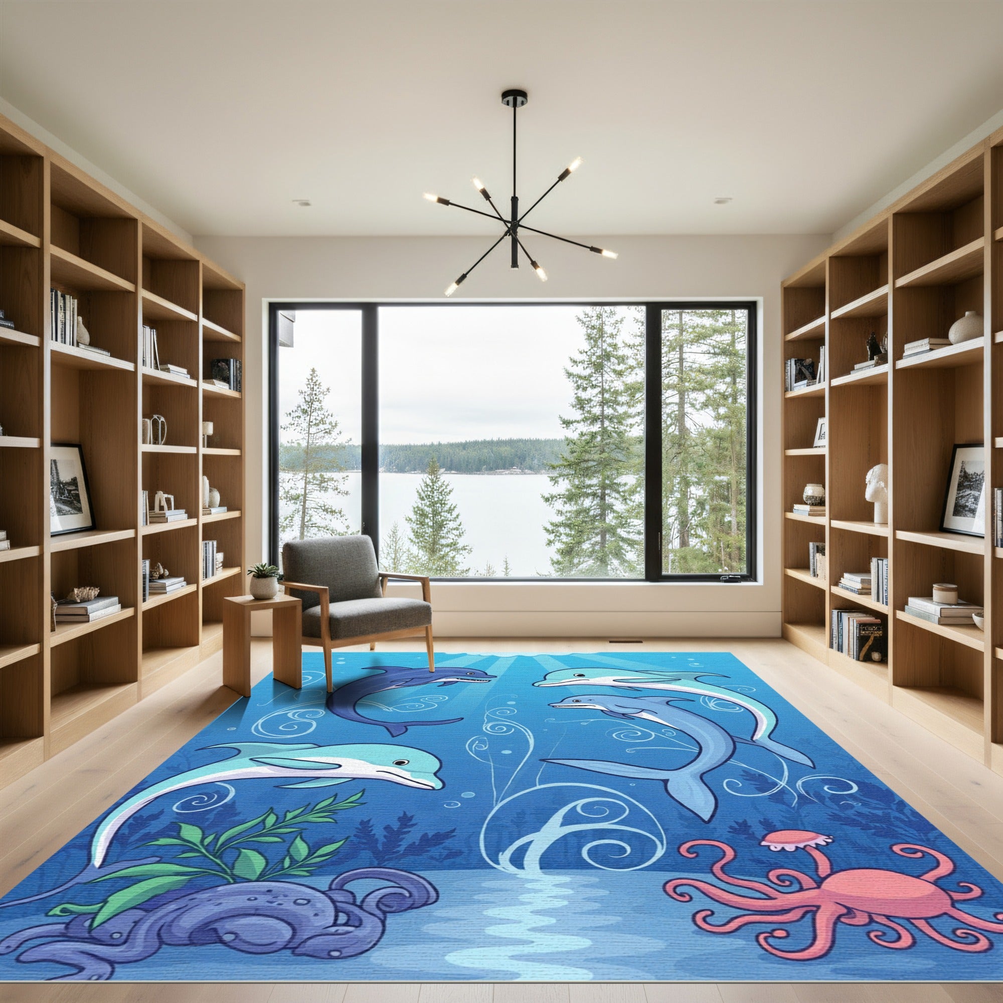 Oceanic Dolphins Swirling Decorative Swirls Rug