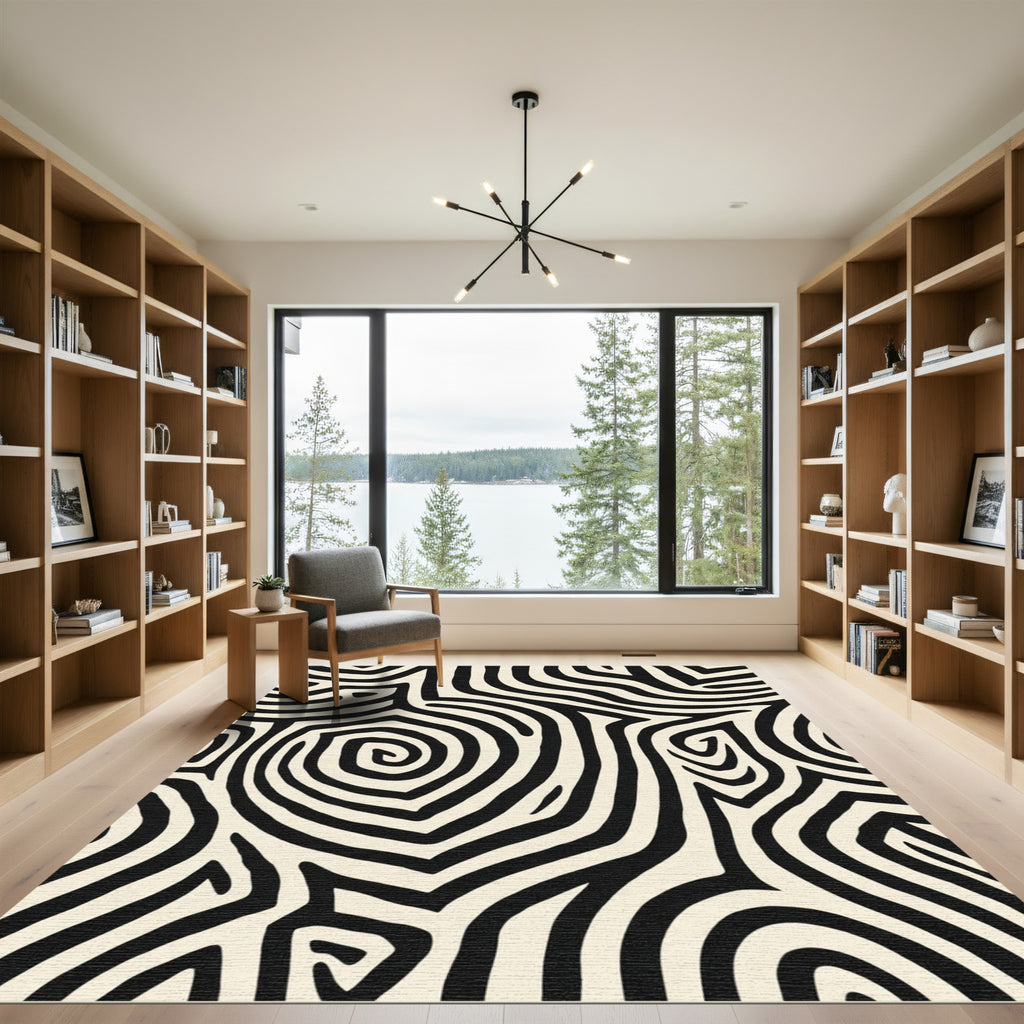 Organic Black And Ivory Swirl Lines Rug