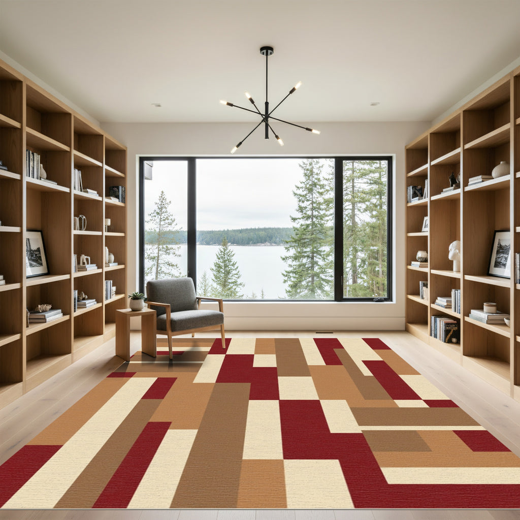 Abstract Red Brown Geometric Blocks Rug
