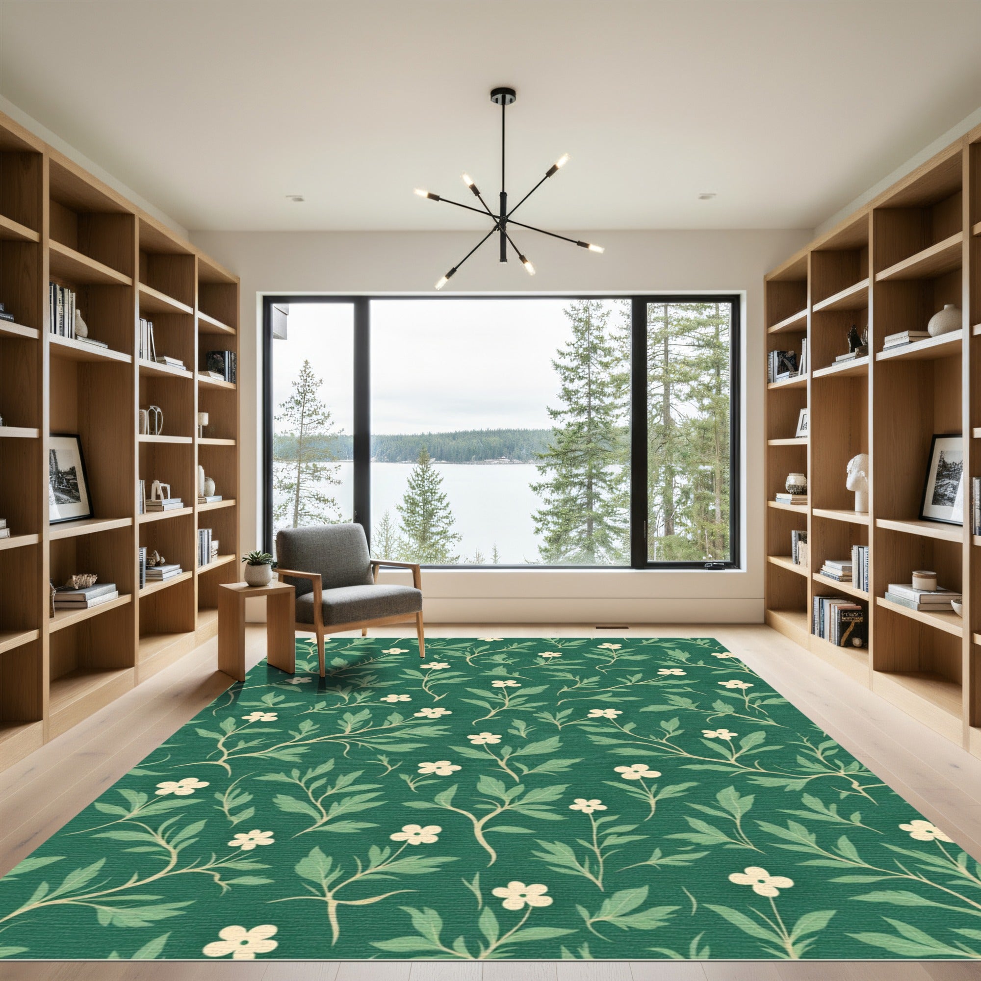 Whimsical White Blossom Vine Emerald Rug