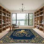 Golden Octopus Navy Ornate Border Rug