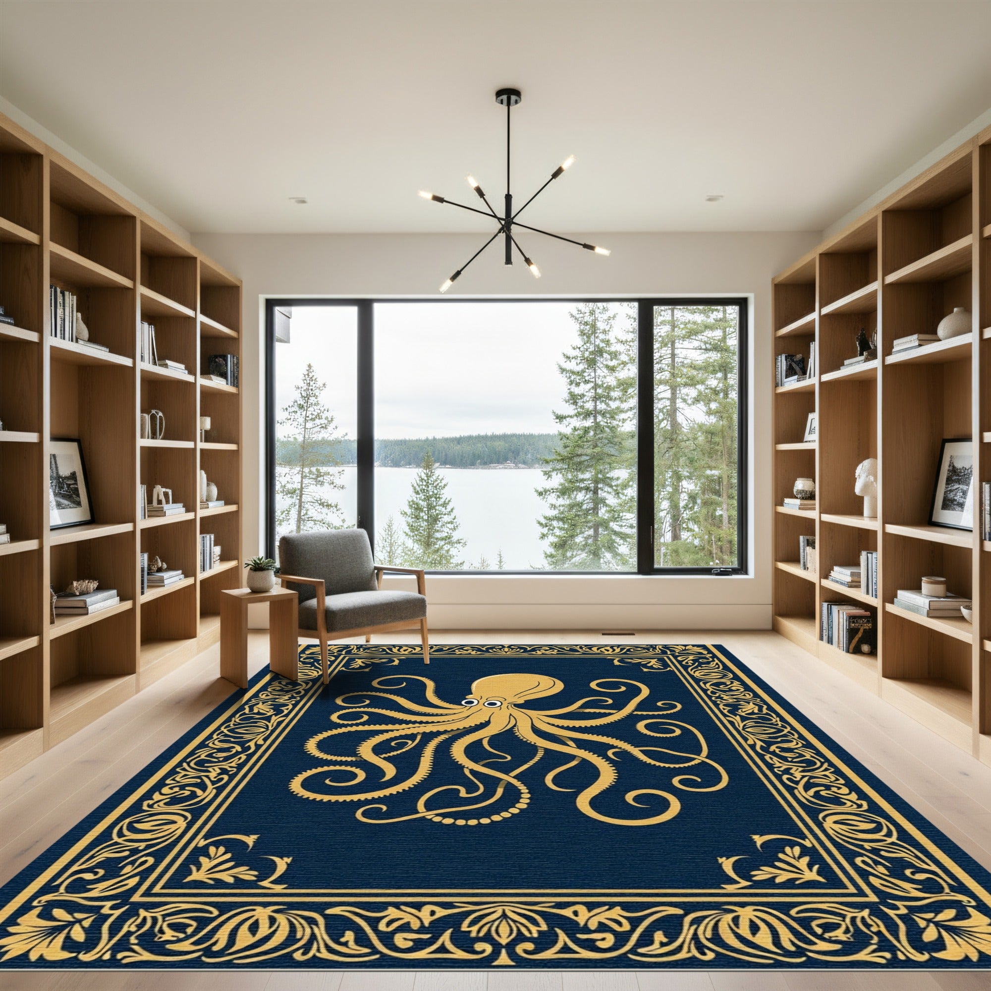 Golden Octopus Navy Ornate Border Rug