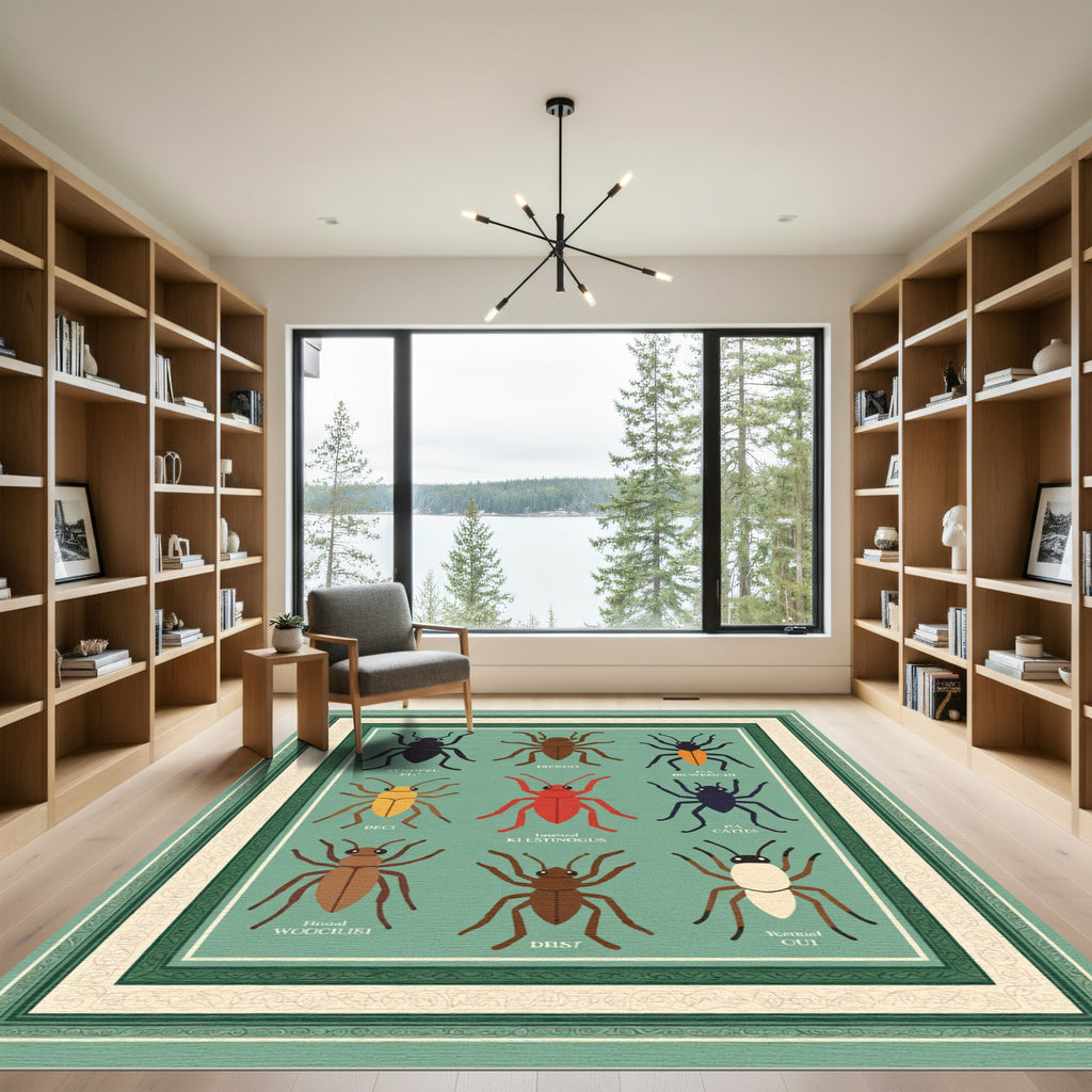 Collection Insect Icons Green Background Rug