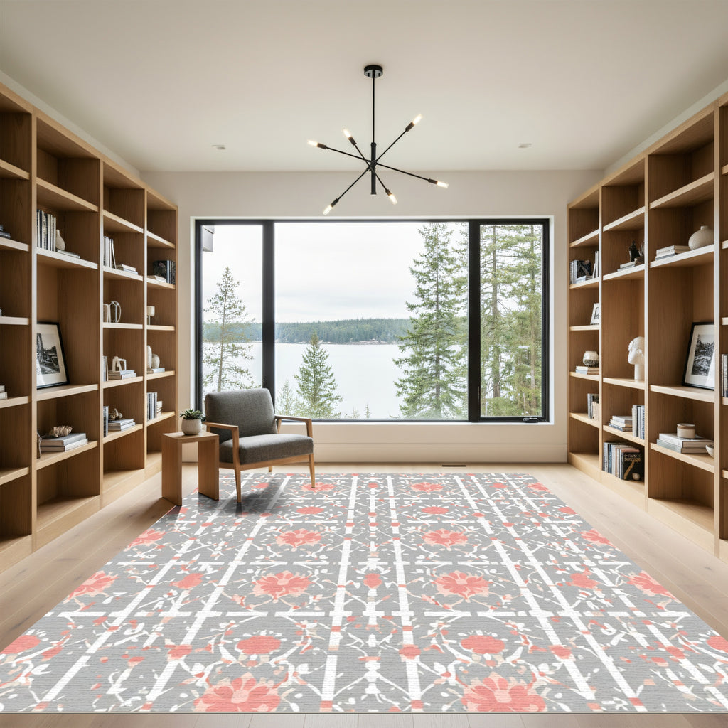 Coral And Gray Floral Trellis Rug