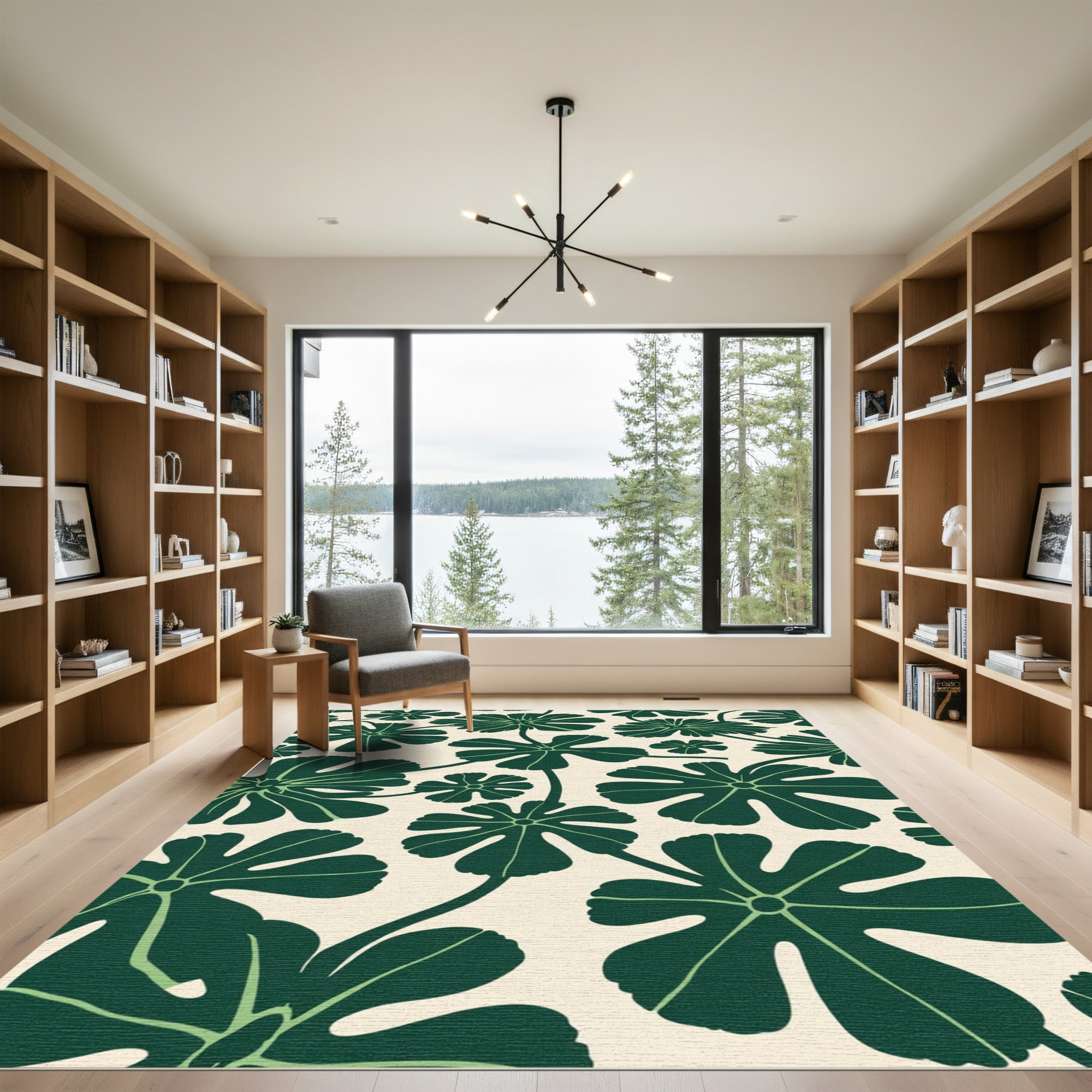 Dark Green Leafy Vine Pattern Rug