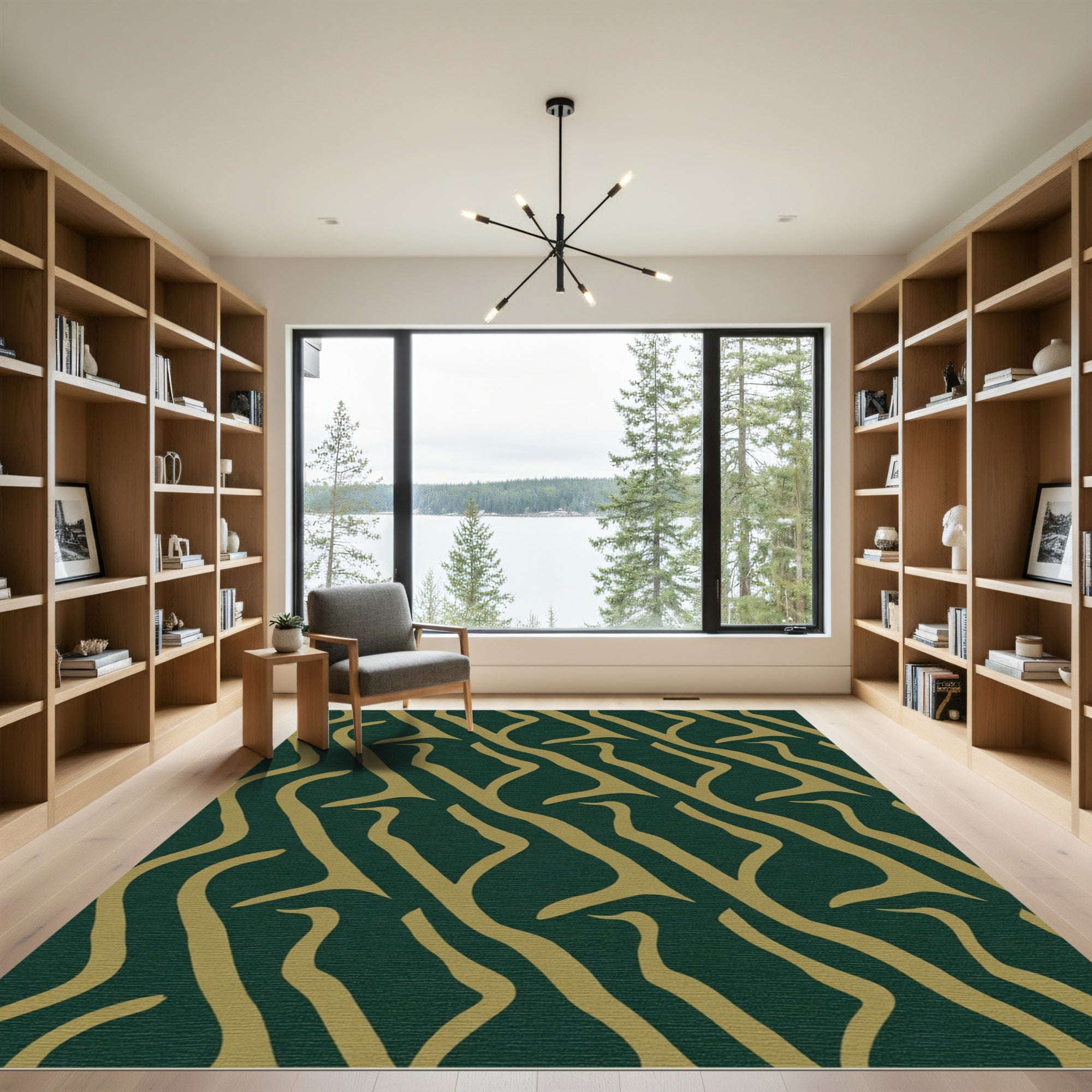 Golden Wavy Strokes Emerald Rug