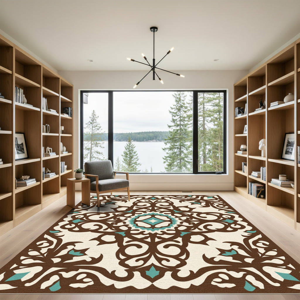 Rustic Brown Teal Floral Medallion Rug
