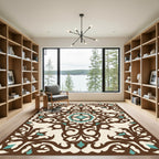 Rustic Brown Teal Floral Medallion Rug