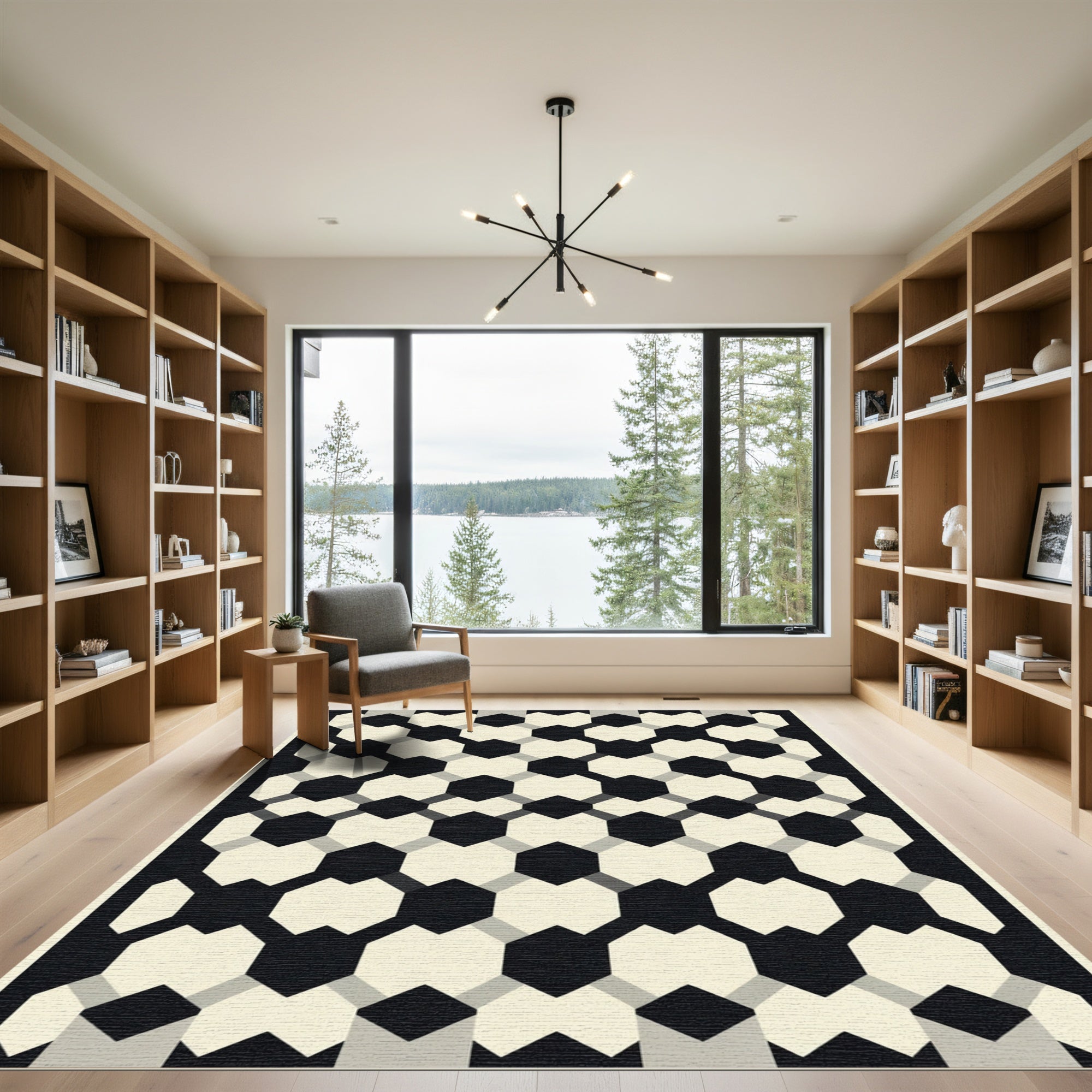 Black Cream Geometric Interlock Rug