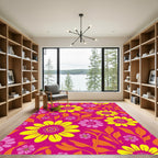 Retro Magenta Yellow Floral Swirl Rug