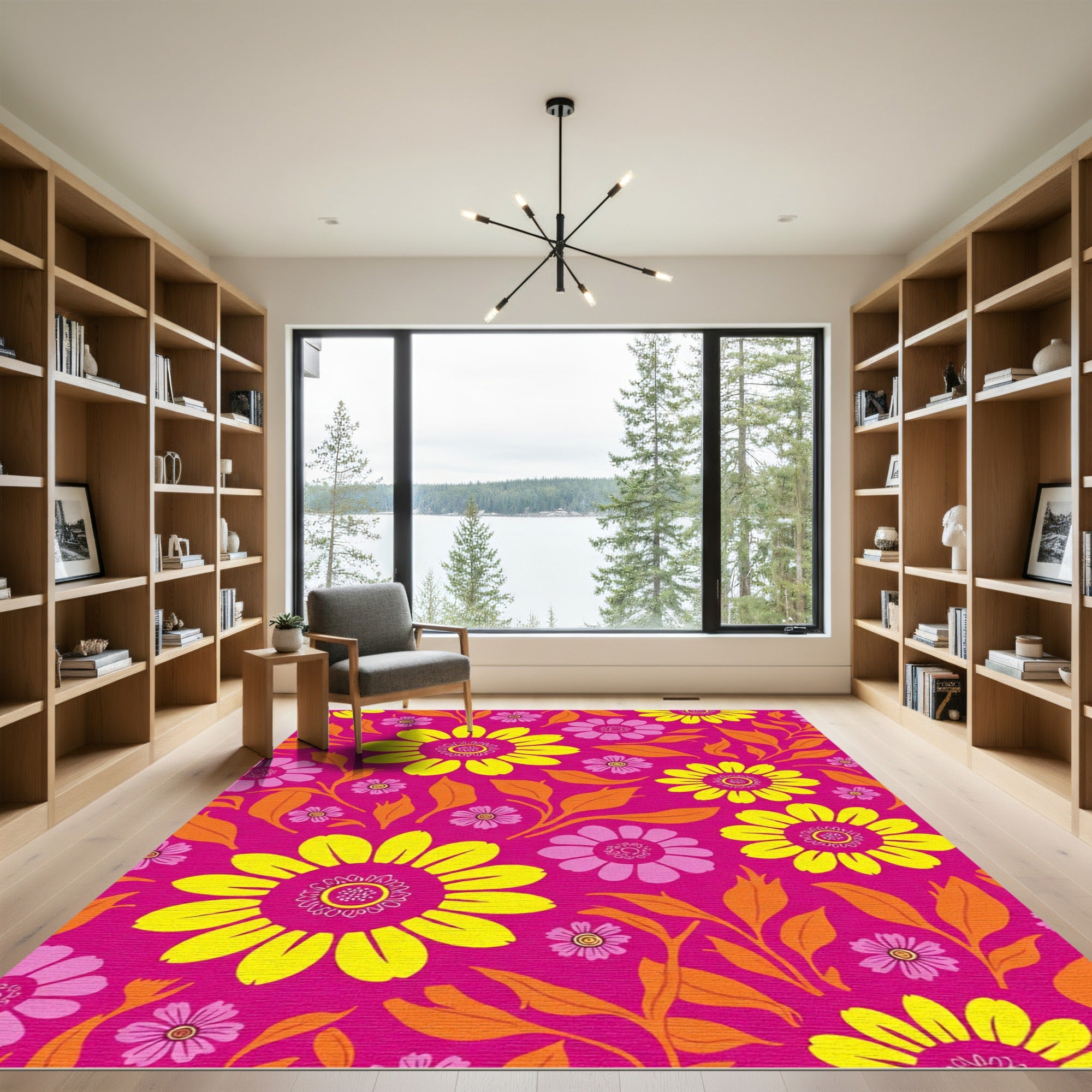 Retro Magenta Yellow Floral Swirl Rug