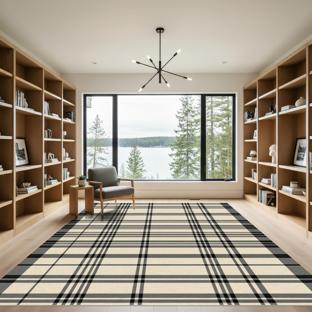 Cream Black Striped Plaid Rug