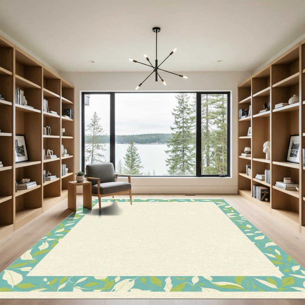 Teal Green Leaf Botanical Frame Rug
