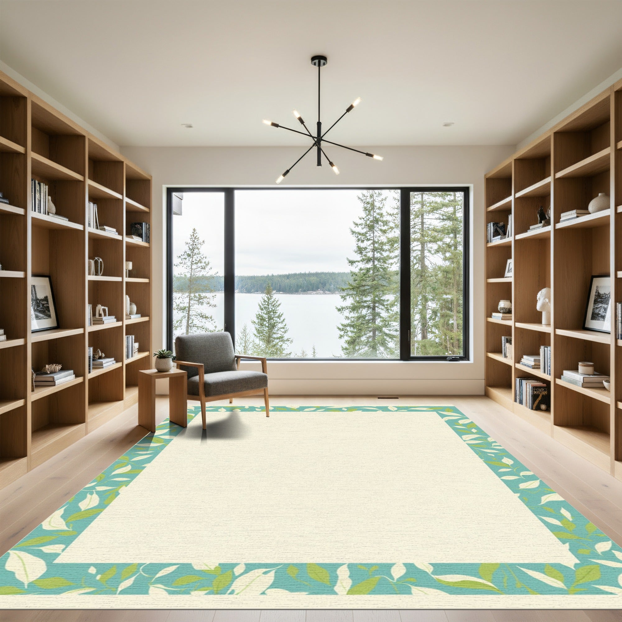 Teal Green Leaf Botanical Frame Rug