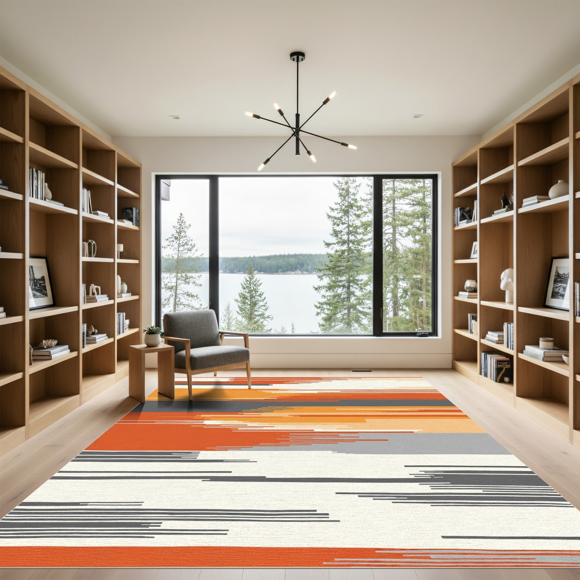 Modern Abstract Orange Gray Stripes Rug