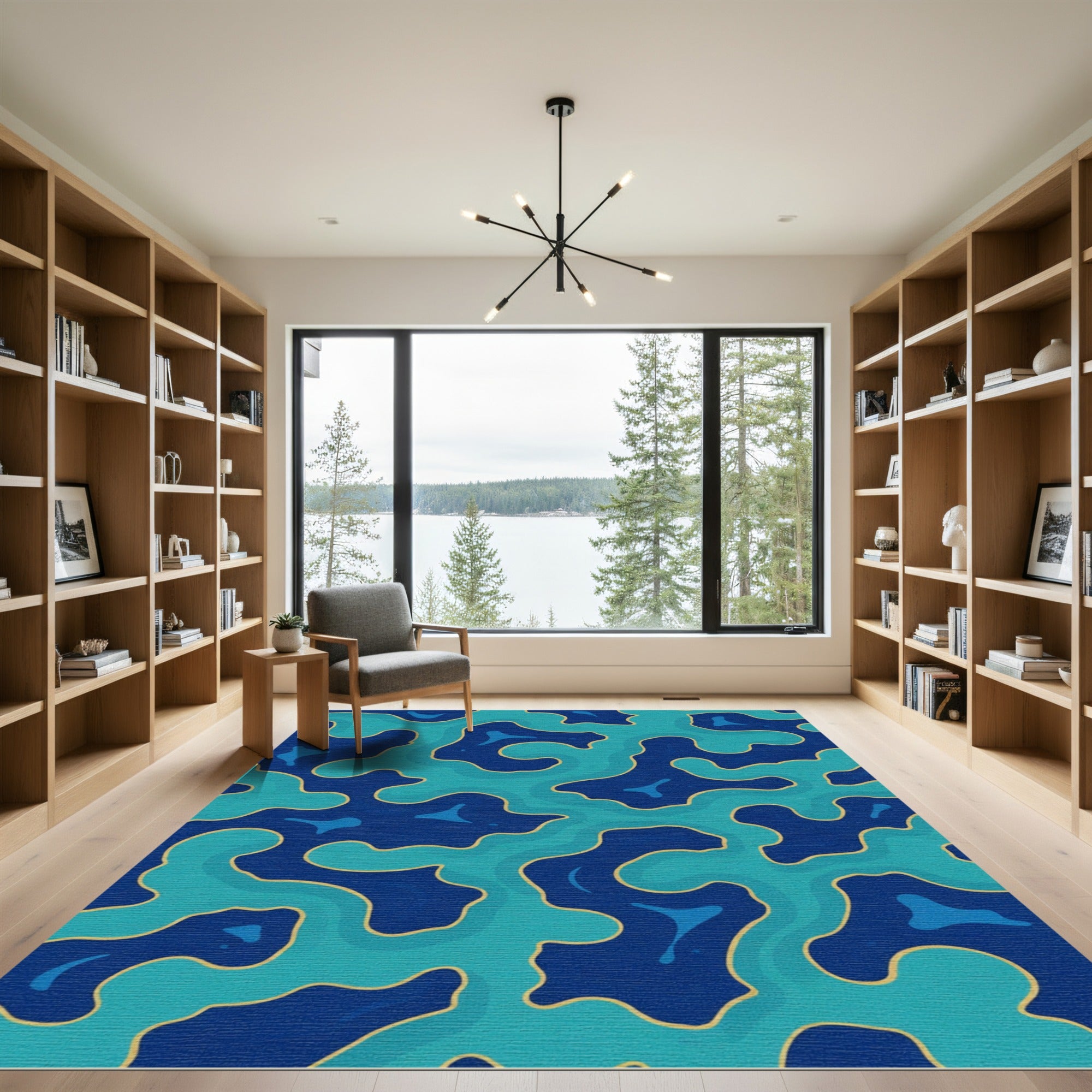 Deep Blue Teal Abstract Organic Flow Rug