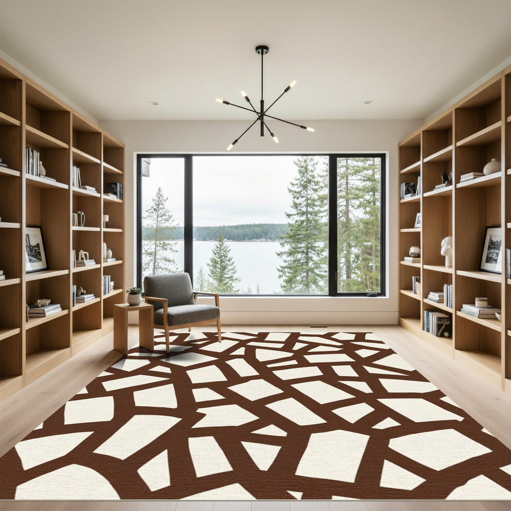 Abstract Brown Cracked Tile Layout Rug
