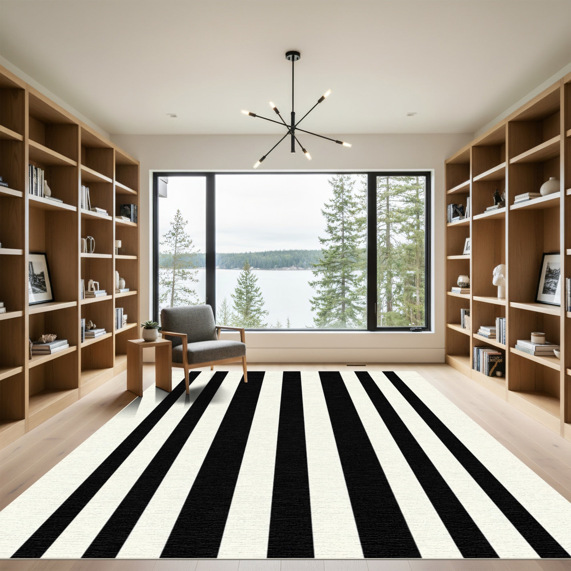 Classic Black White Parallel Lines Rug