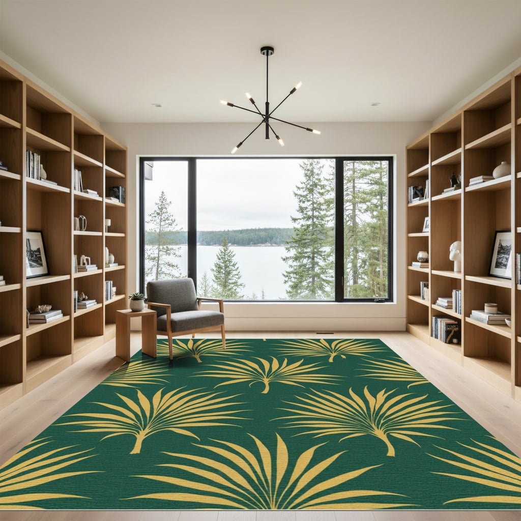 Golden Palm Frond Dark Green Rug