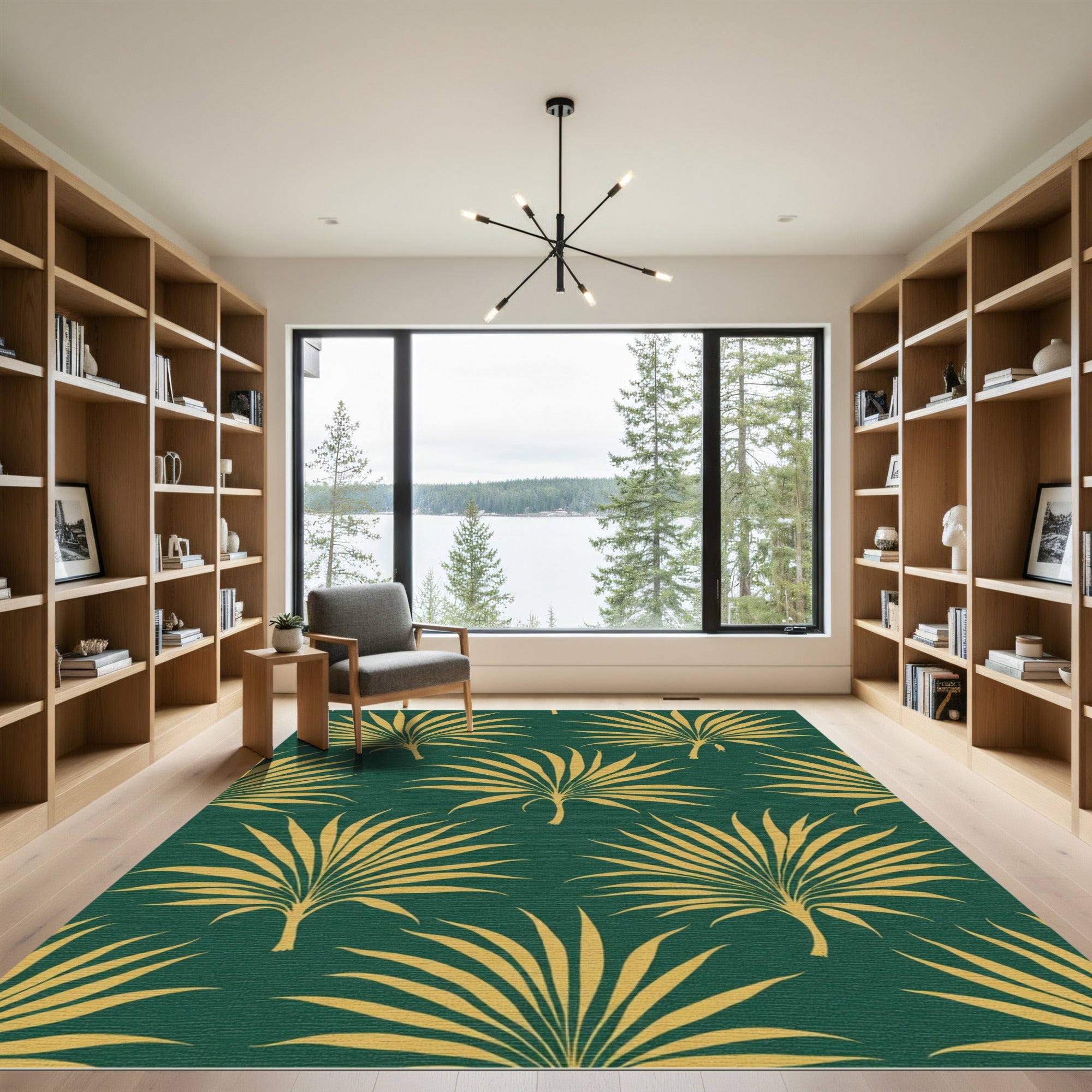 Golden Palm Frond Dark Green Rug