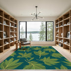 Emerald Leaves on Deep Teal Background Rug