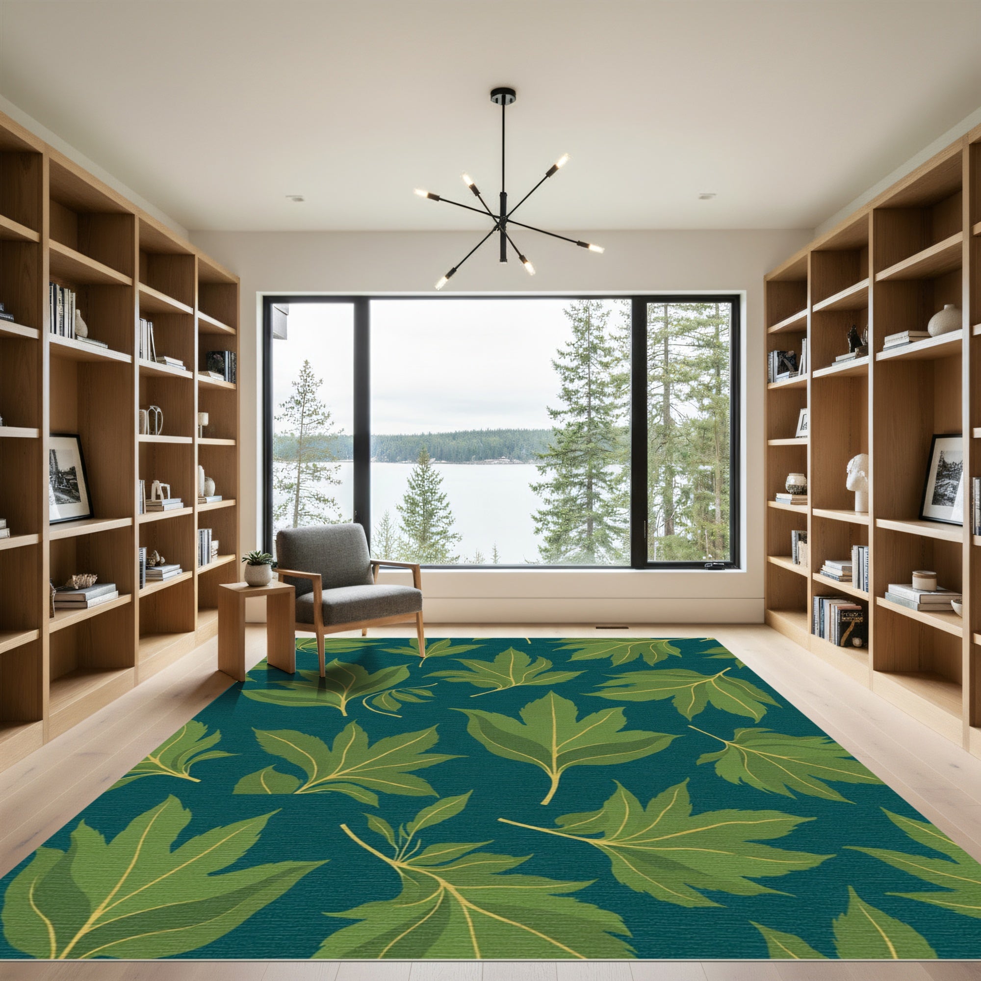 Emerald Leaves on Deep Teal Background Rug