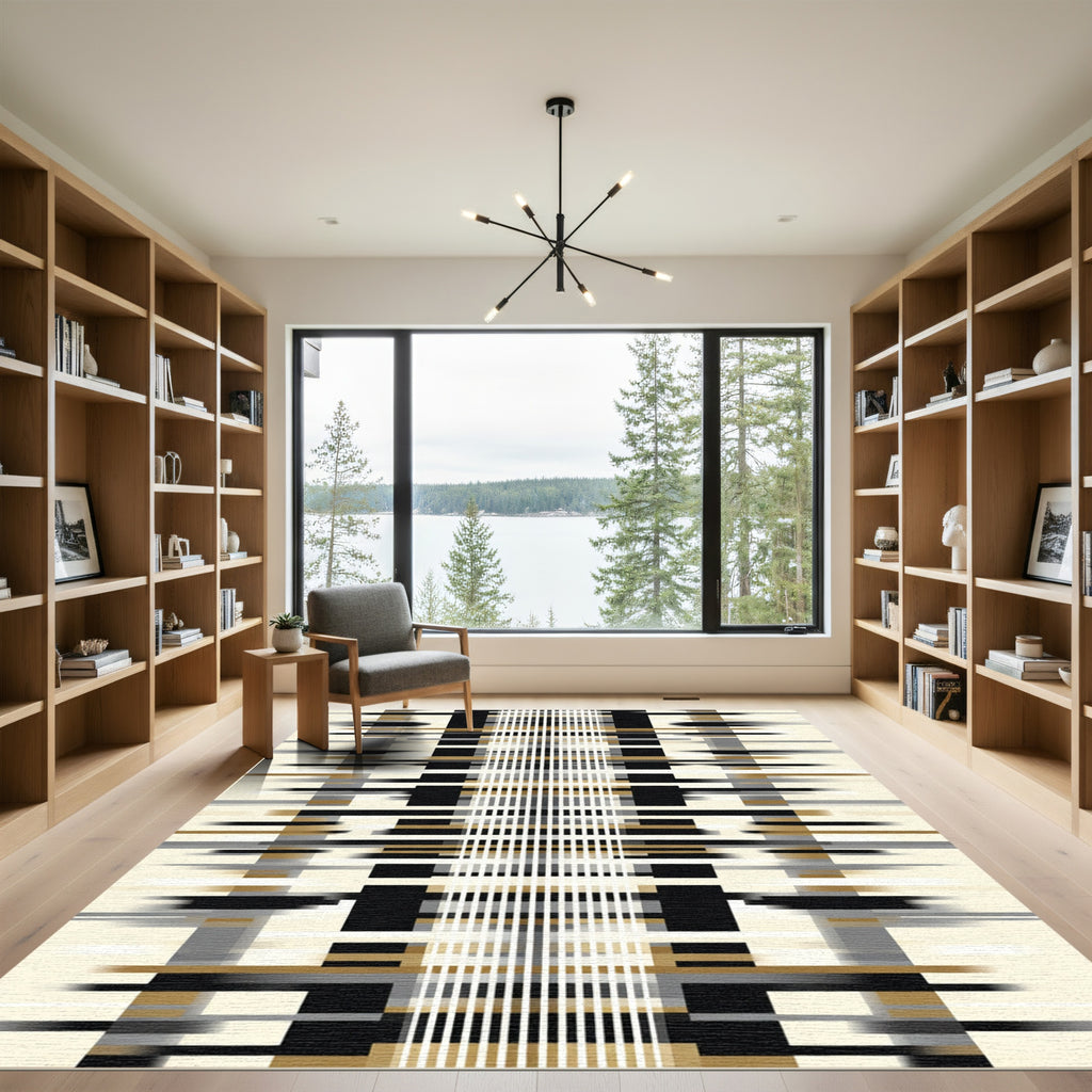 Abstract Black Gold Stripe Rectangles Rug