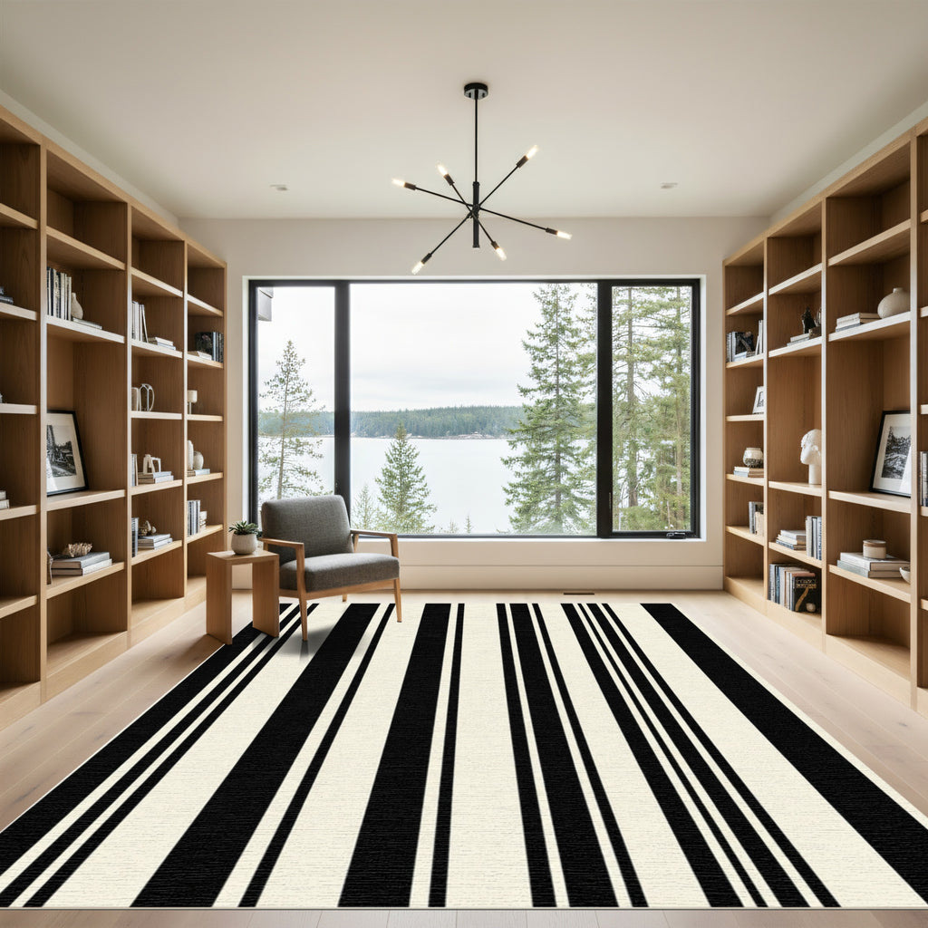 Classic Black Cream Vertical Stripes Rug