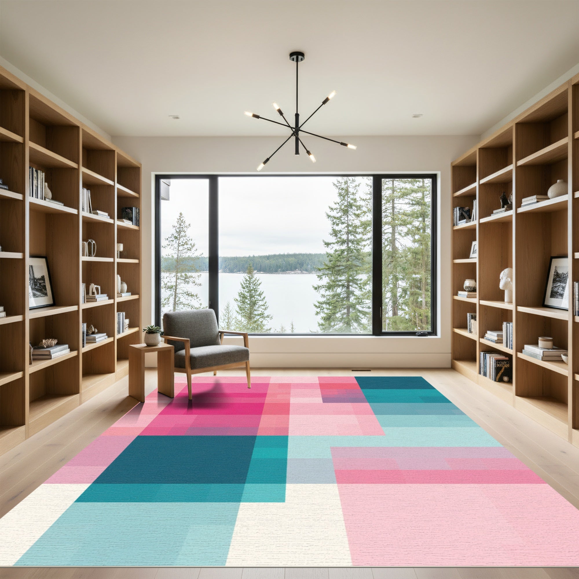 Pink Teal Geometric Blocks Rug
