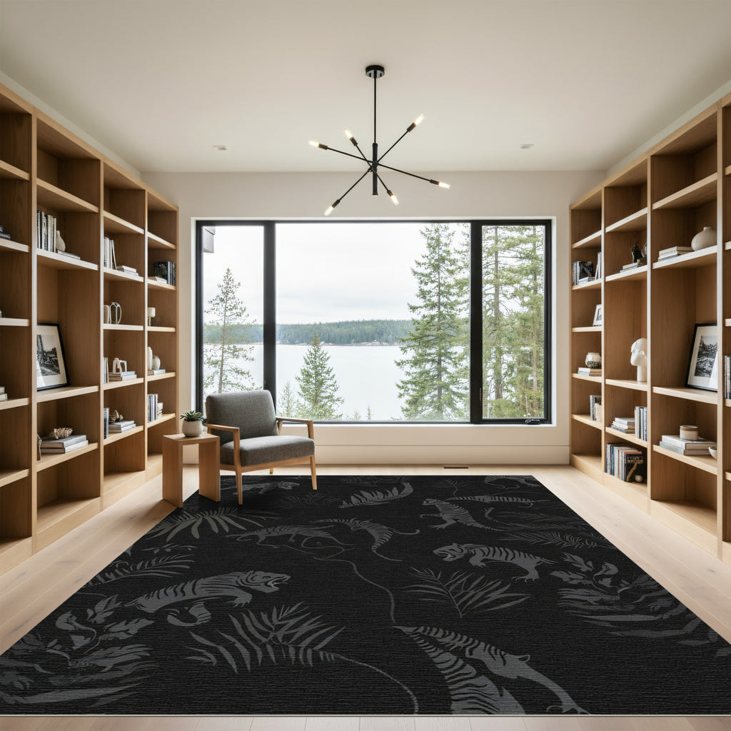 Dark Gray Tiger Jungle Scene Rug