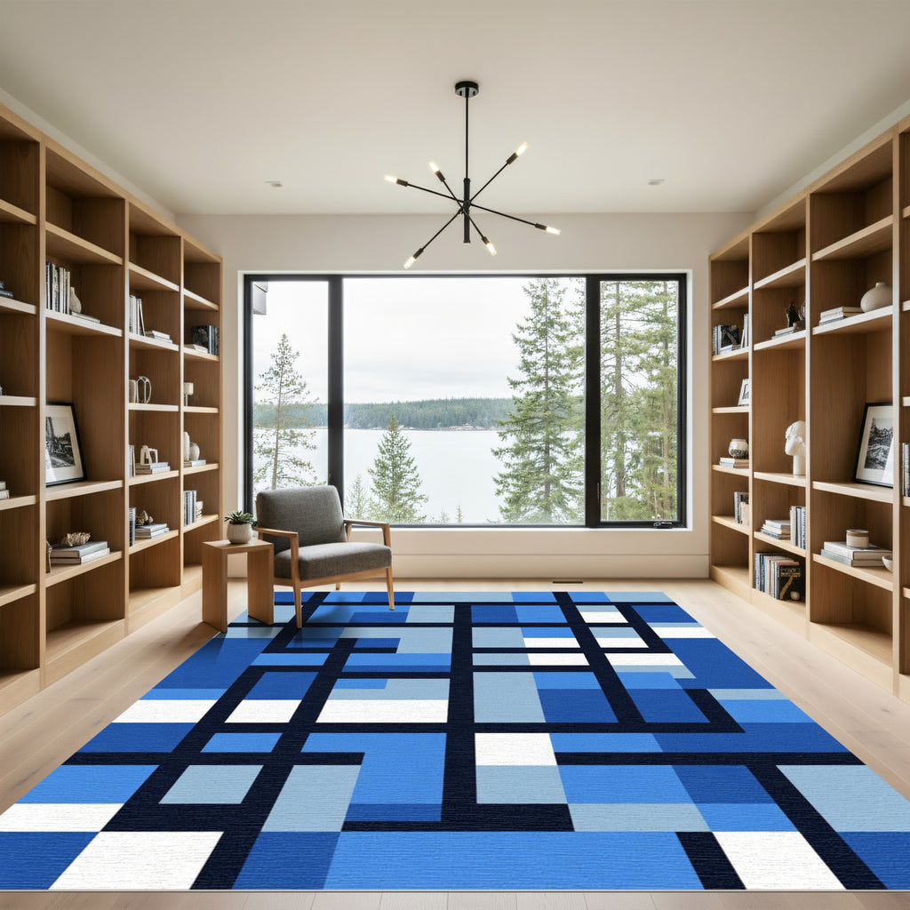 Bold Cobalt Gradient Geometric Grid Rug