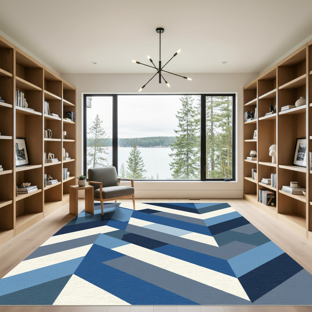 Modern Blue Geometric Herringbone Rug
