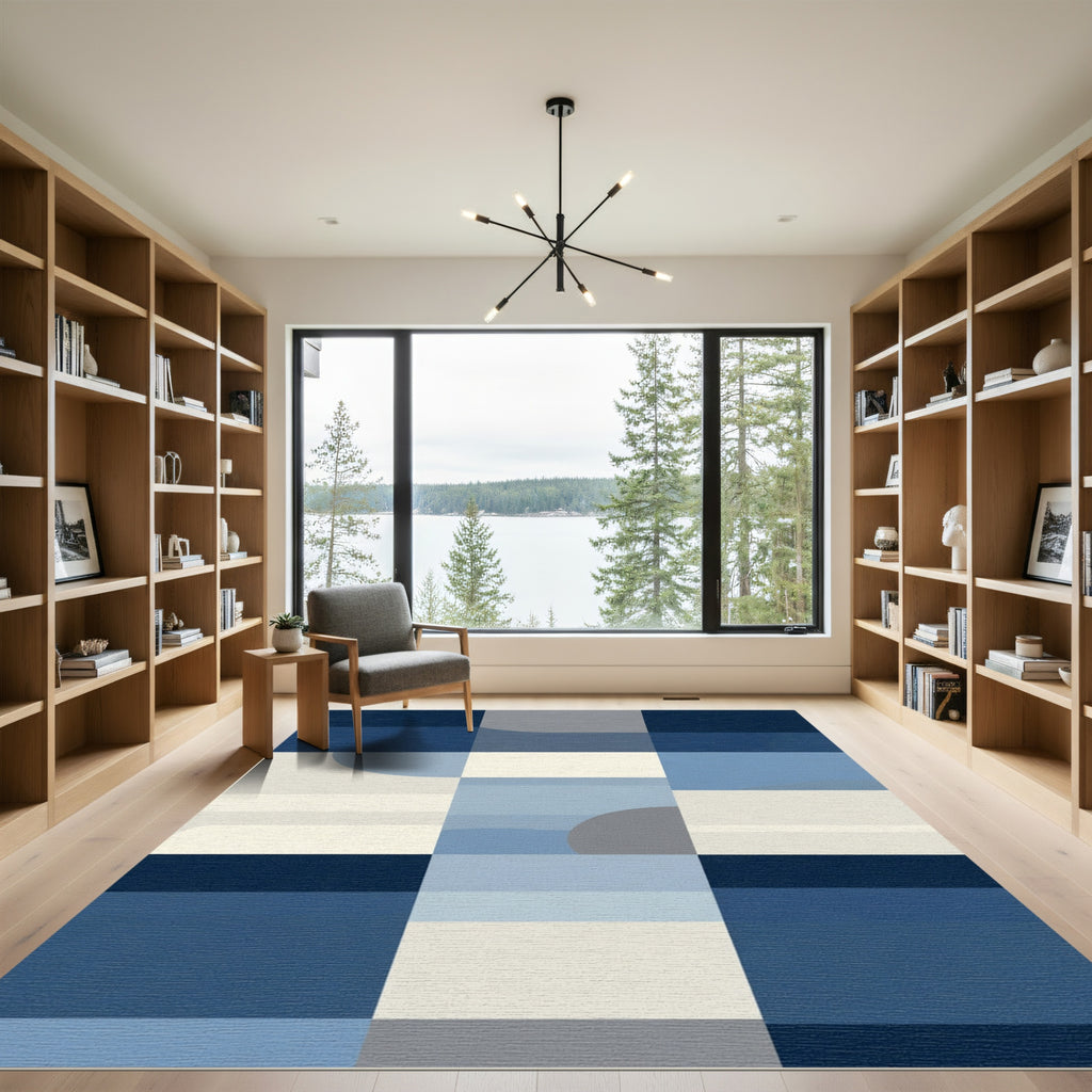 Modern Blue Gray Geometric Block Rug