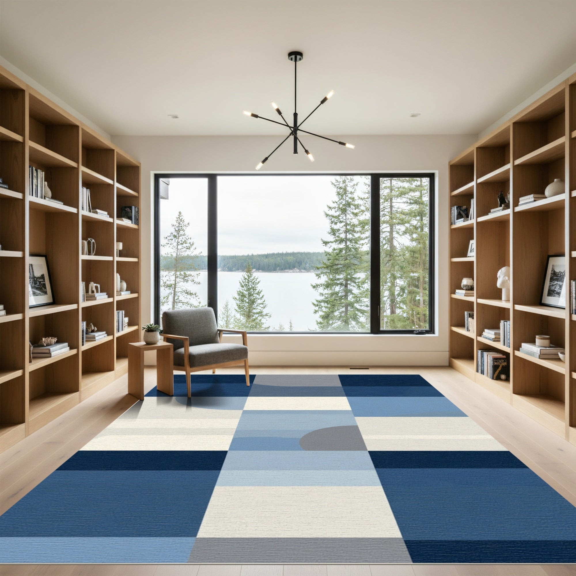 Modern Blue Gray Geometric Block Rug