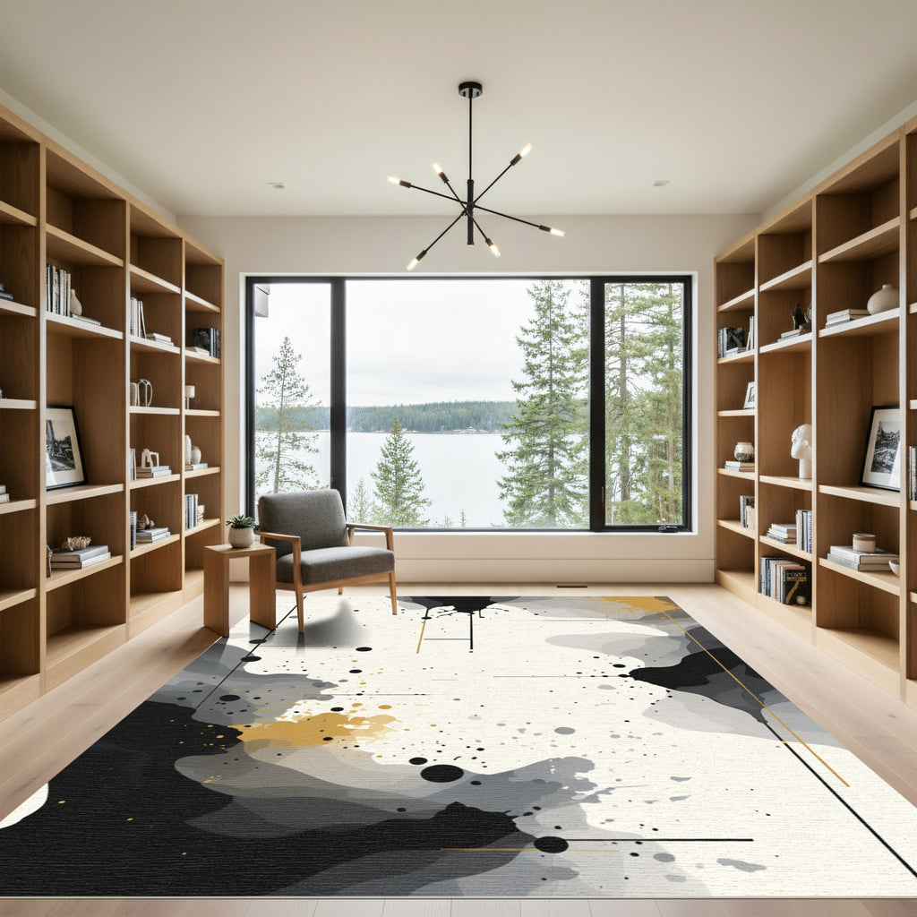 Abstract Black Gray Gold Splatter Rug
