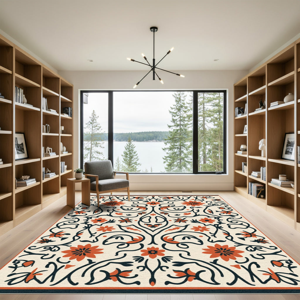 Cream Coral Floral Scroll Butterfly Accents Rug