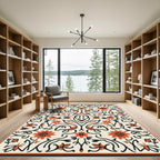 Cream Coral Floral Scroll Butterfly Accents Rug