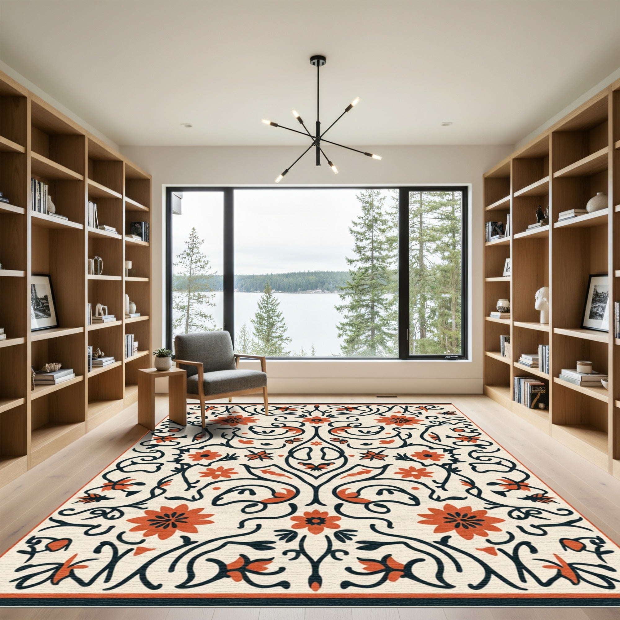 Cream Coral Floral Scroll Butterfly Accents Rug