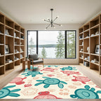 Coral Teal Turtle Shell Seashell Composition Rug