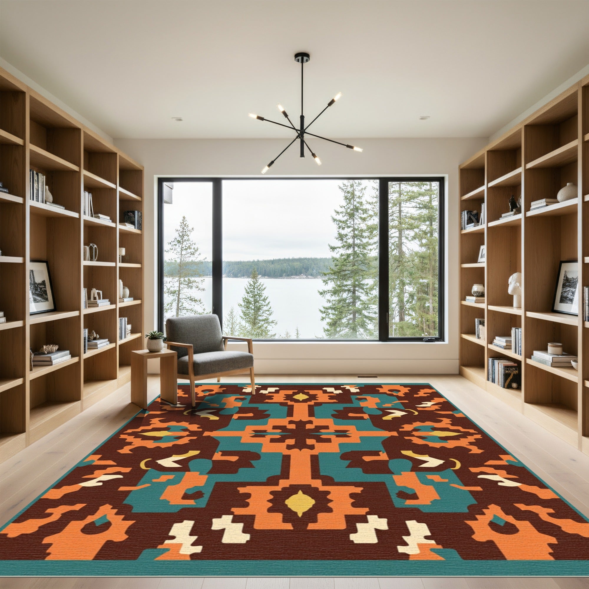 Abstract Terracotta Teal Symmetrical Medallion Rug