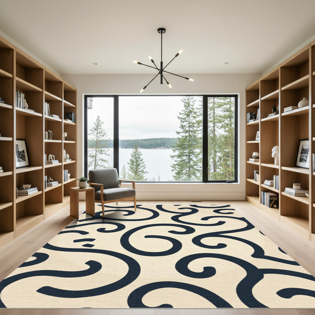 Navy Swirl Cream Ecru Flourish Background Rug