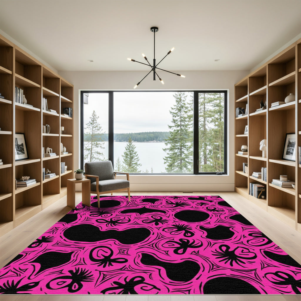 Vibrant Pink Black Abstract Sketch Rug