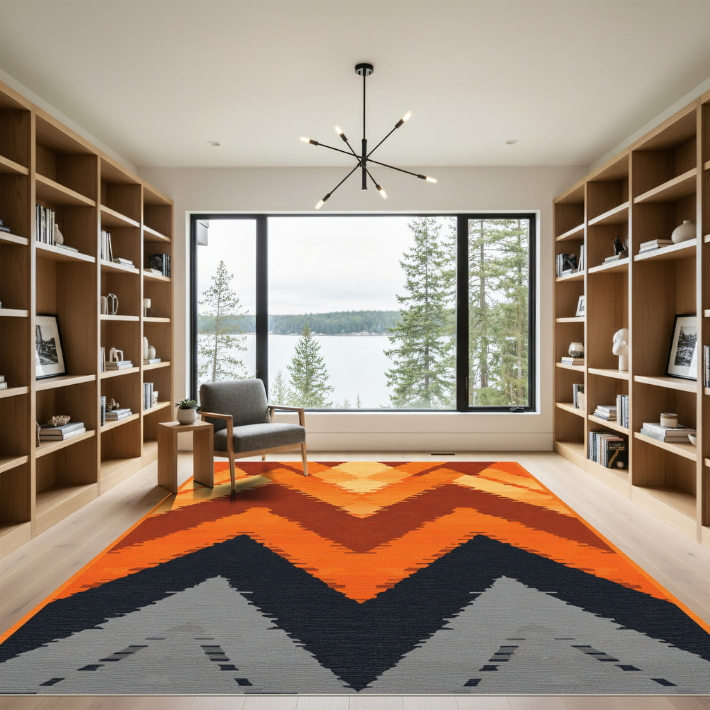 Deep Orange Geometric Chevron Rug