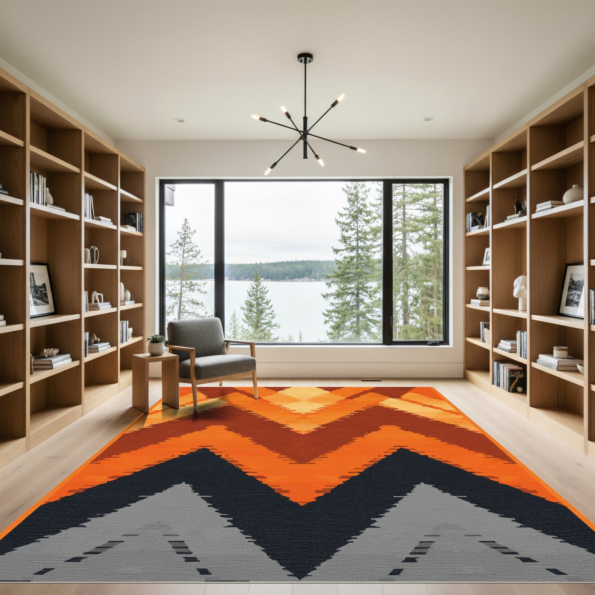Deep Orange Geometric Chevron Rug